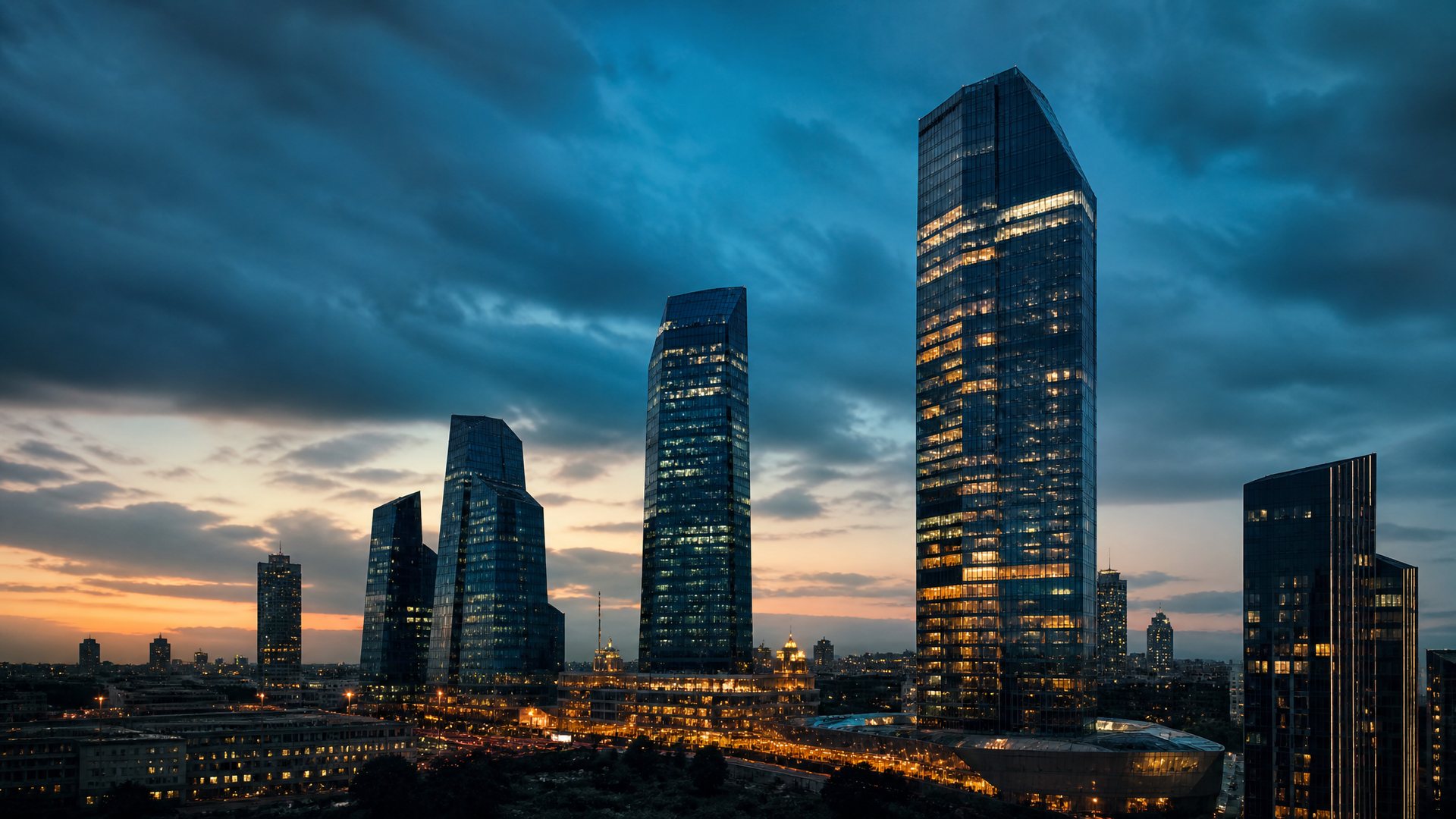 İstanbul Levent-Maslak plaza silüeti, gün batımında geniş açı şehir manzarası